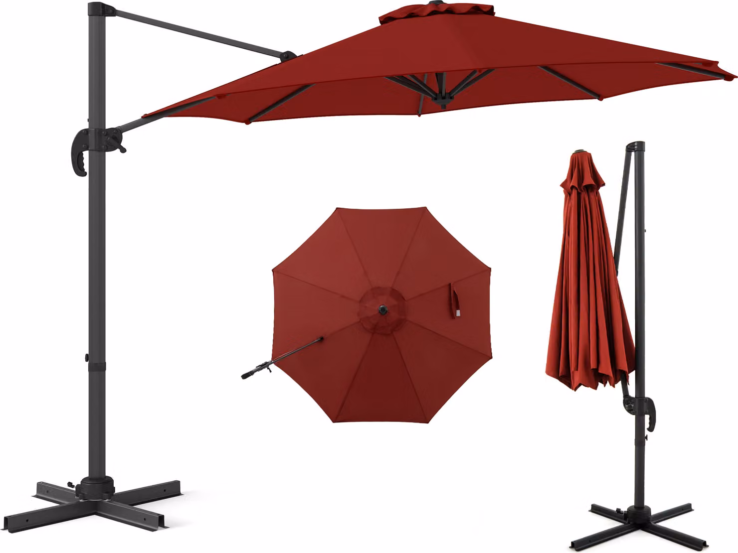 Ombrellone COSTWAY 300x300cm, ombrellone a sbalzo con manovella, ombrellone da giardino inclinabile, ruotabile a 360°, ombrellone grande da patio, ombrellone rotondo da mercato rosso