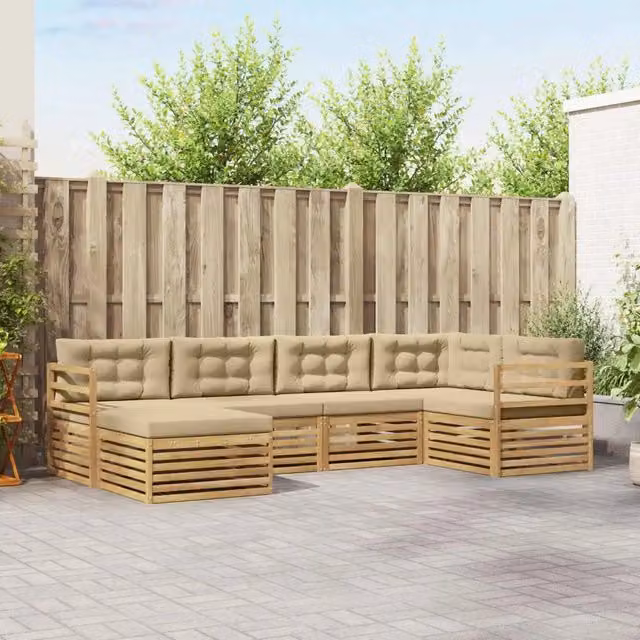 Set di divani da esterno a L vidaXL in legno di acacia con cuscini, bianco e beige