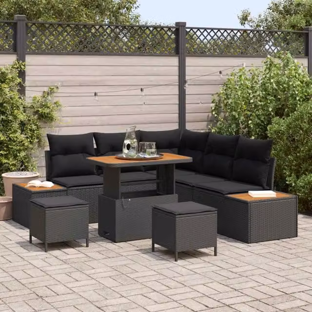 Set Divano da Giardino 8 pz 7-Numero di posti Nero Poly Rattan 3364864
