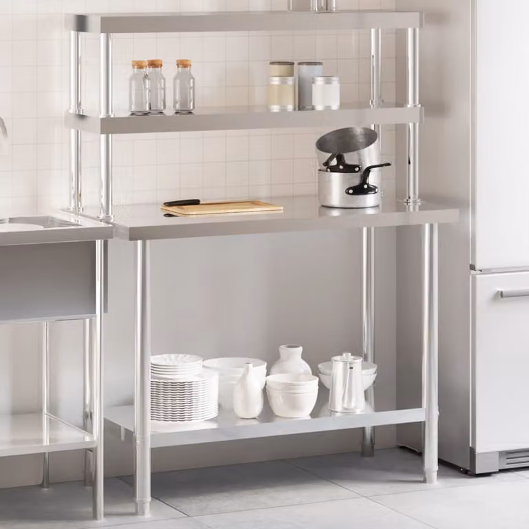 vidaXL Tavolo da lavoro professionale per cucina in acciaio inox argento L 110 cm x P 55 cm x H 150 cm