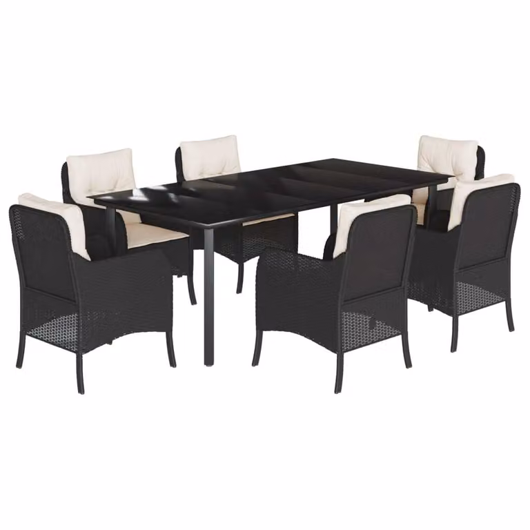 Set da Pranzo da Giardino 7 pz Nero con Cuscini in Polyrattan