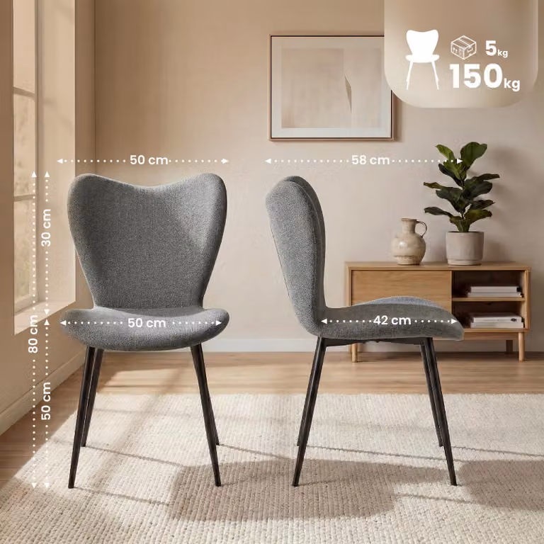 Sedia da pranzo Maika, imbottita, con schienale, capacità di carico fino a 150 kg, colore grigio, materiale: tessuto