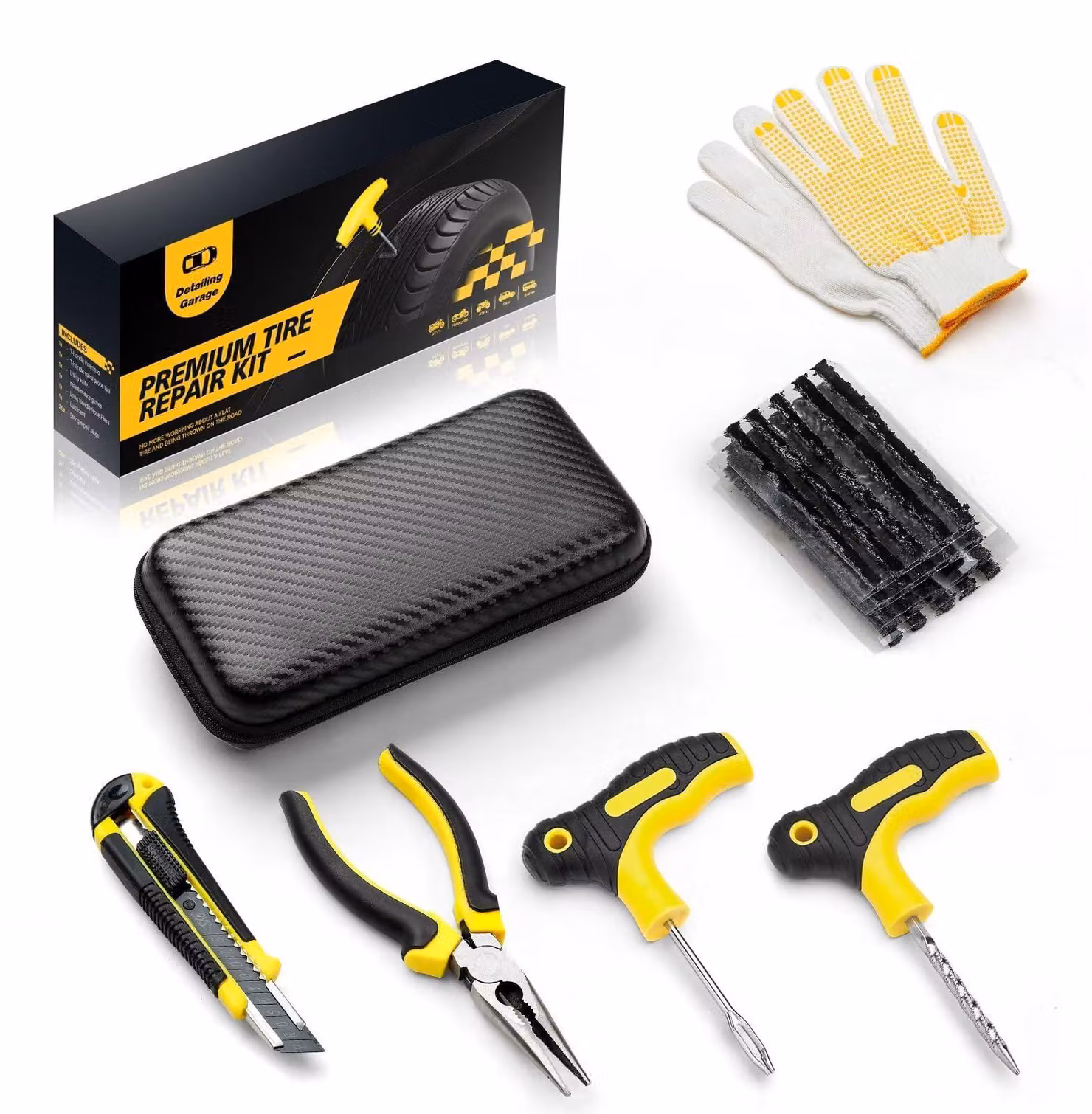 Kit di riparazione pneumatici, composto da 27 pezzi, con toppe e inserti, fornito in custodia