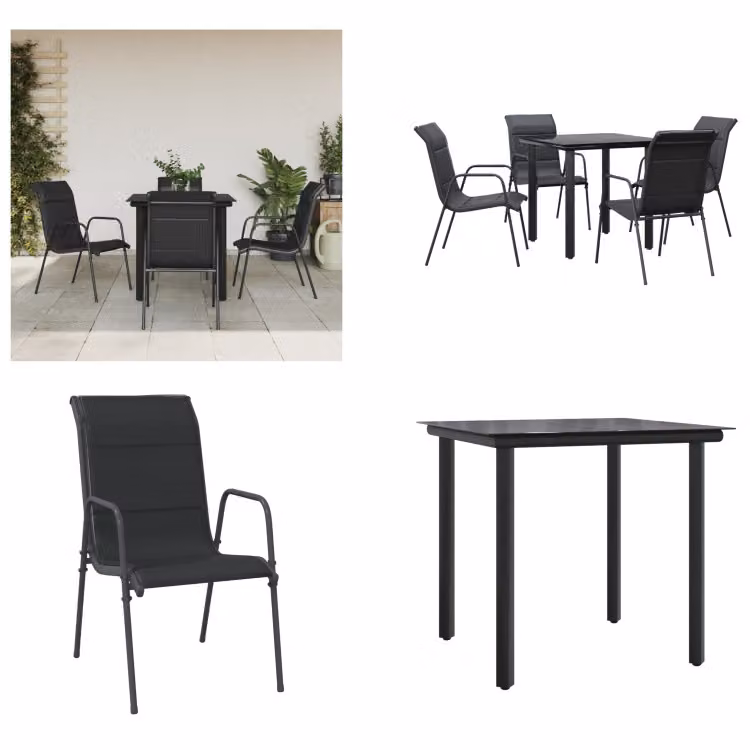 vidaXL Set da pranzo da giardino 5 pezzi in acciaio nero e textilene - set da pranzo da giardino - set di sedute da giardino - set di sedute da esterno - tavolo da giardino