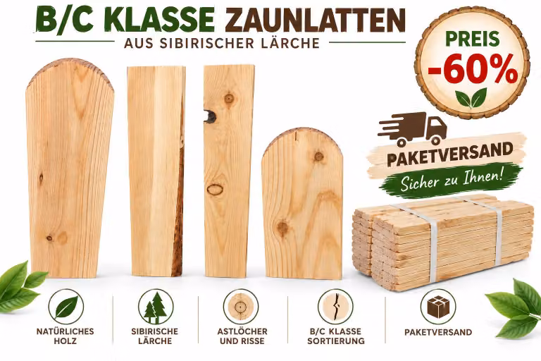 Assicelle per recinzione, 9x2x80 cm, larice siberiano, classe B/C, qualità 37s, spedizione in pacco