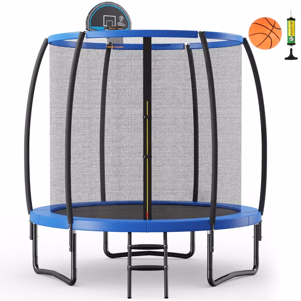 Trampolino elastico Costway con anello da basket, rete di sicurezza e scaletta a 2 gradini, diametro 244 cm, nero e blu