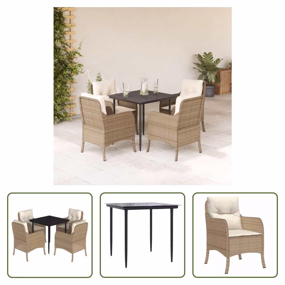 The Living Store Set da pranzo da giardino 5 pezzi con cuscini Beige poly rattan