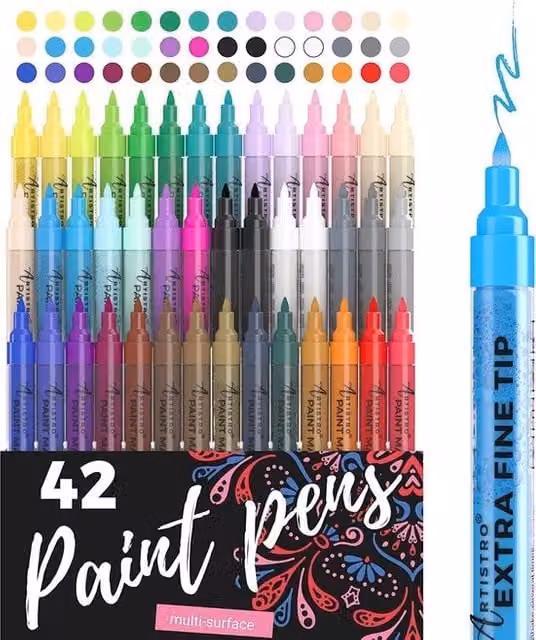 Set di 42 pennelli acrilici multicolore con punta fine per pittura creativa su legno, stoffa, vetro e ceramica