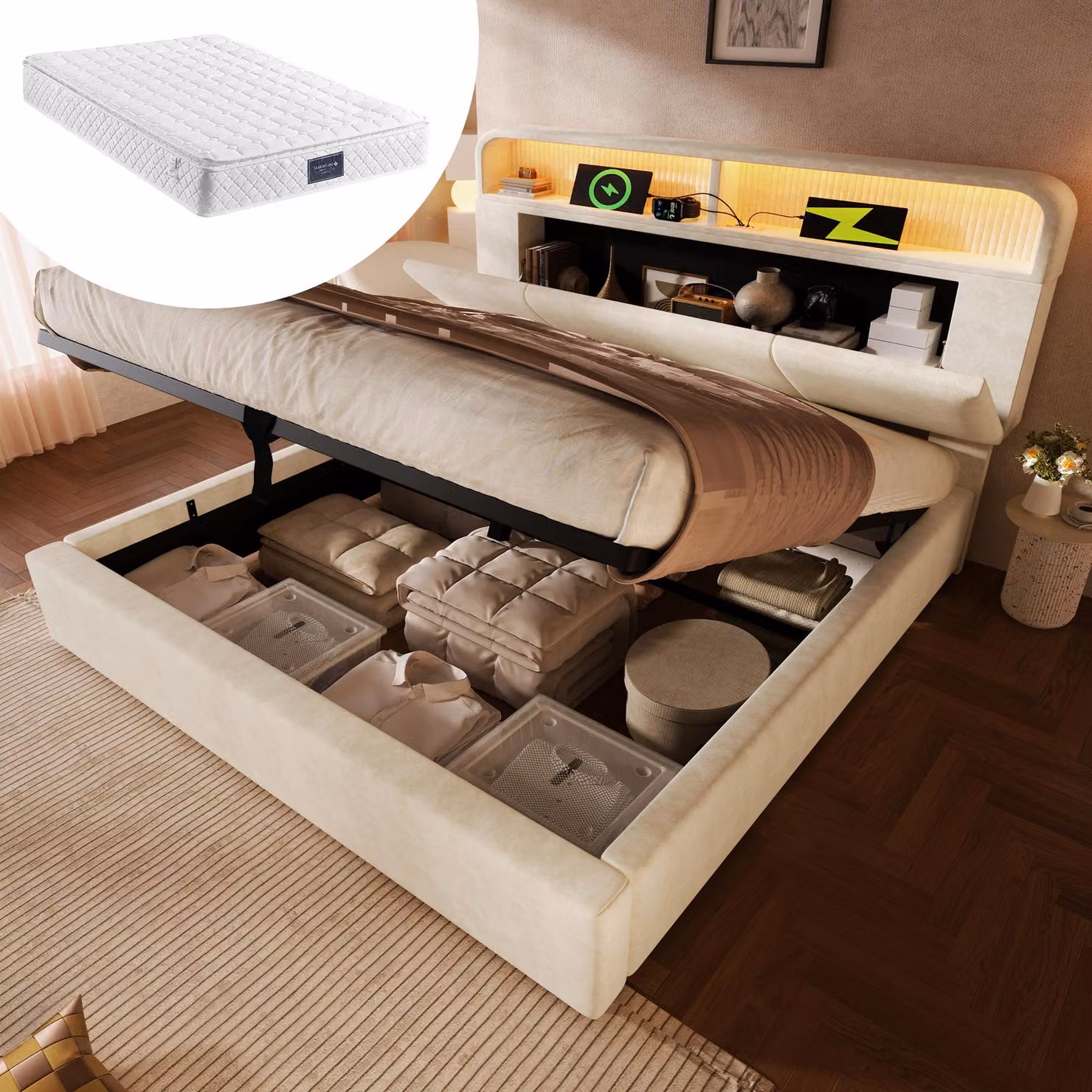 Letto imbottito 160x200 cm con materasso, spazio contenitore con sistema idraulico, poggiatesta regolabile in altezza, illuminazione LED, porte USB/Type-C, rete a doghe, rivestito in velluto color beige