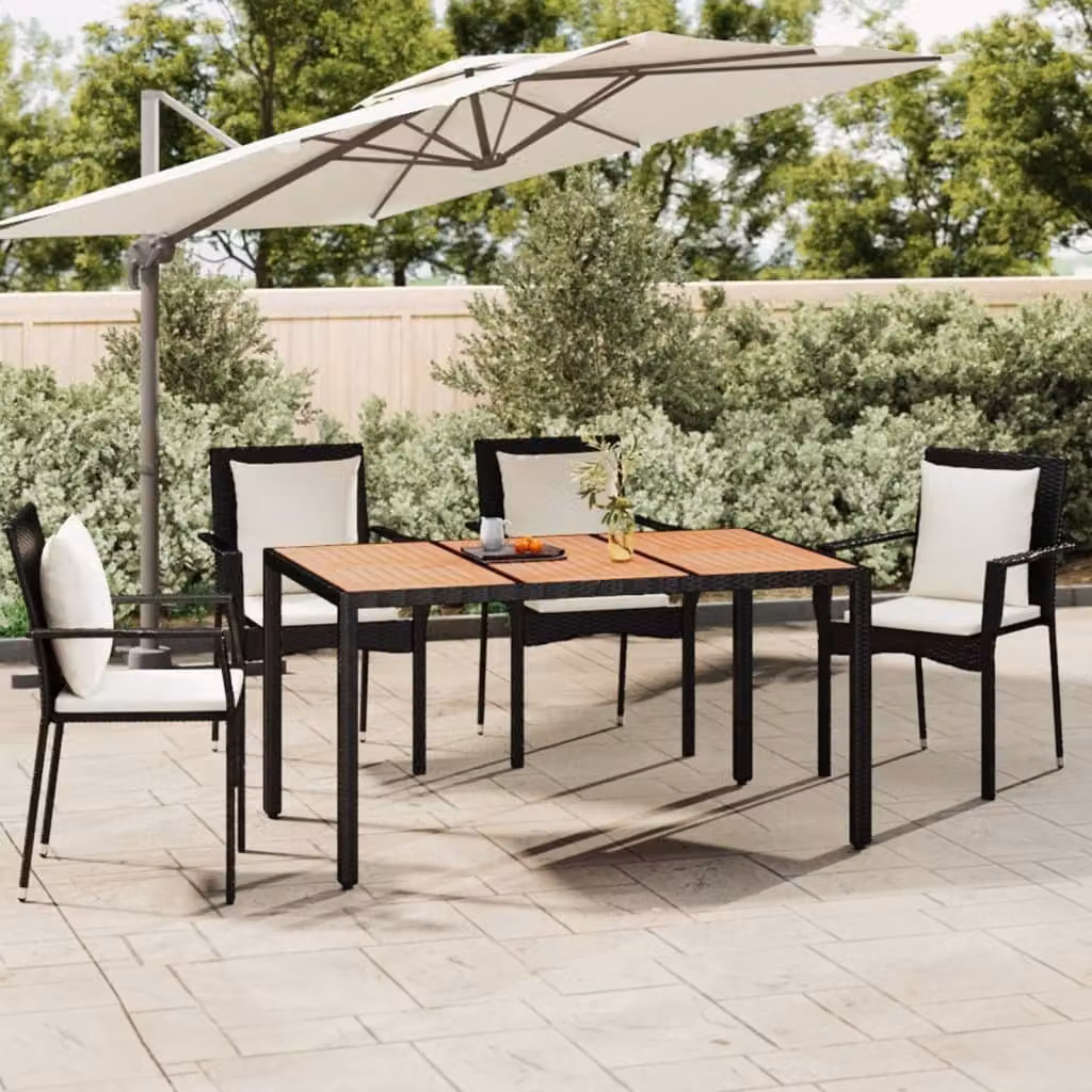 The Living Store Tavolo da giardino con piano in legno in poly rattan nero e legno di acacia