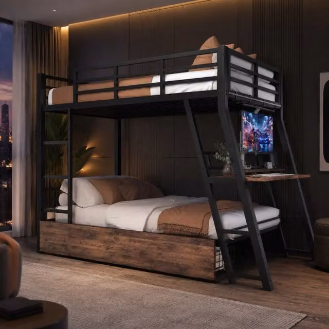 Letto a soppalco 90x200 cm nero con scrivania, LED e cassetti, senza materasso