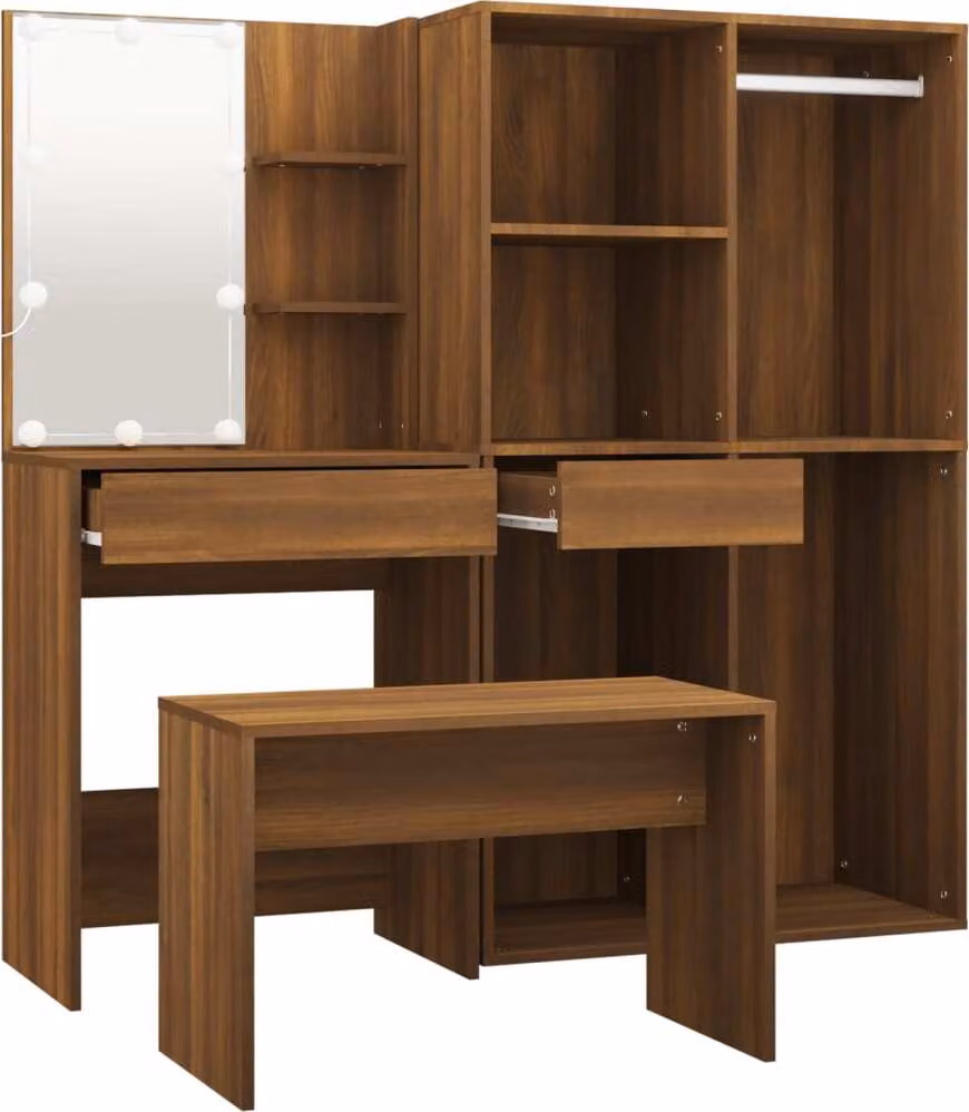 Set Tavolo da Toeletta con LED Rovere Marrone Legno Multistrato