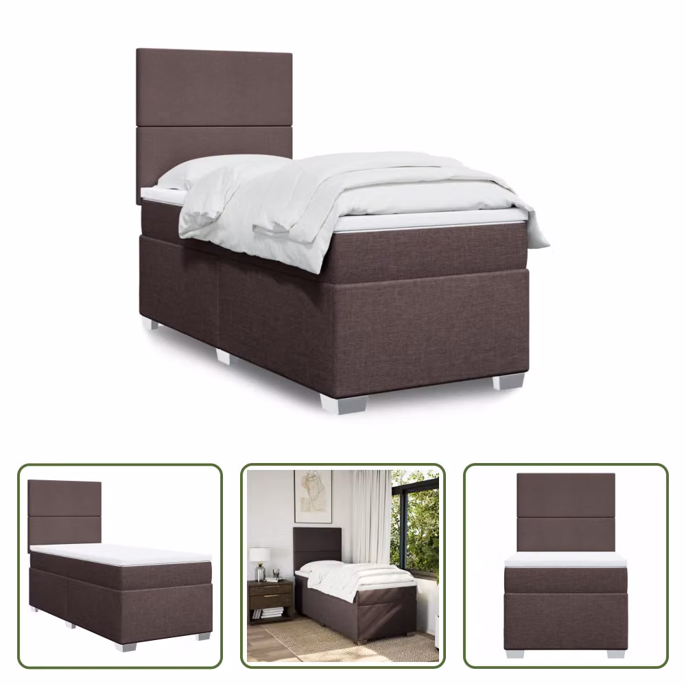 The Living Store Letto a molle con materasso marrone scuro 100x200 cm in tessuto