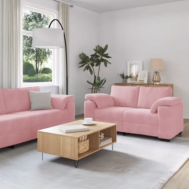 Set di divani 3 pezzi vidaXL in velluto rosa con cuscini coordinati per soggiorno e ufficio in casa – 1
