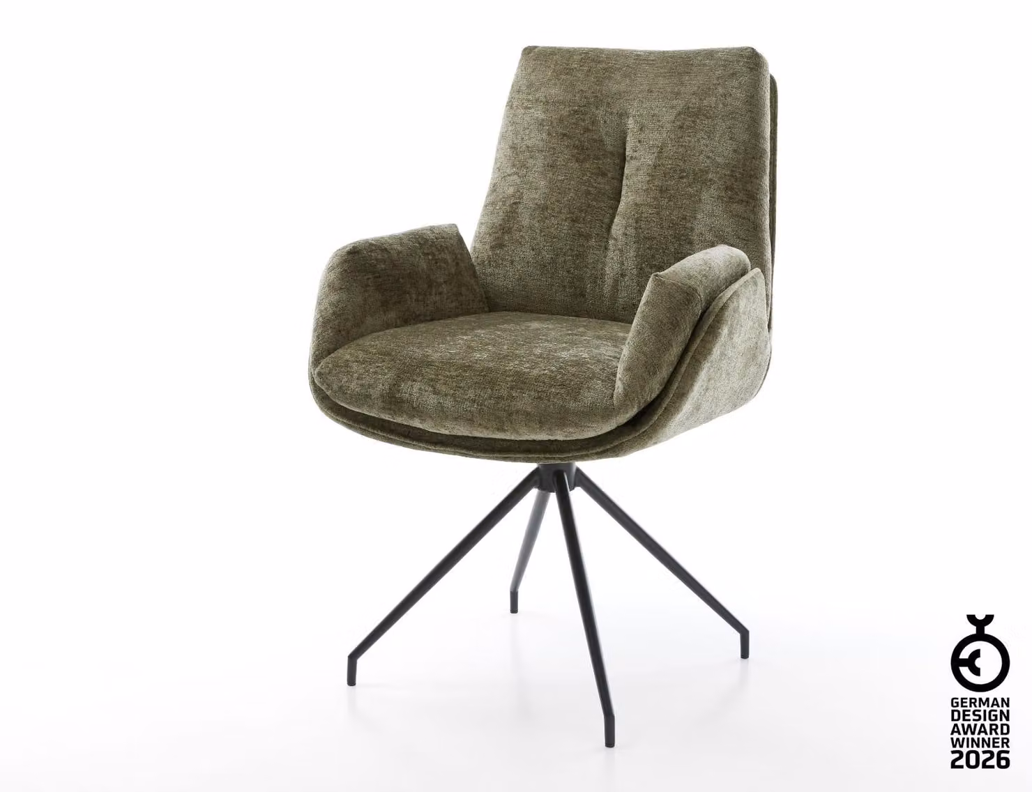 Sedia girevole DELIFE Clea-Flex in ciniglia color oliva, base a croce conica, nero, ruotabile a 180°