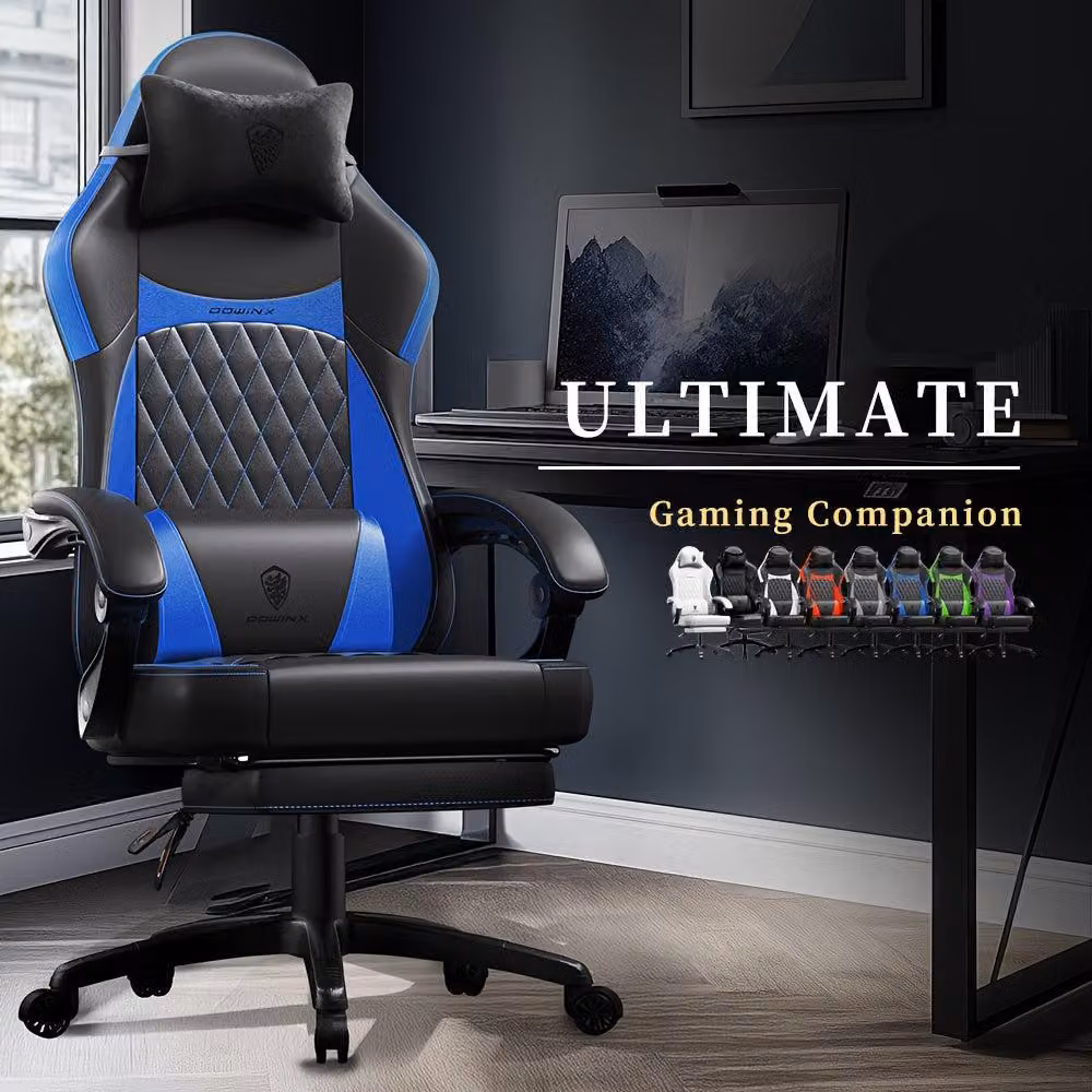 Sedia da gaming - Sedia per videogiochi - Sedia da ufficio - Sedia da corsa - Colore nero e blu - Struttura in acciaio inossidabile