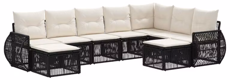 Set da giardino composto da 9 pezzi, colore nero, realizzato in rattan sintetico