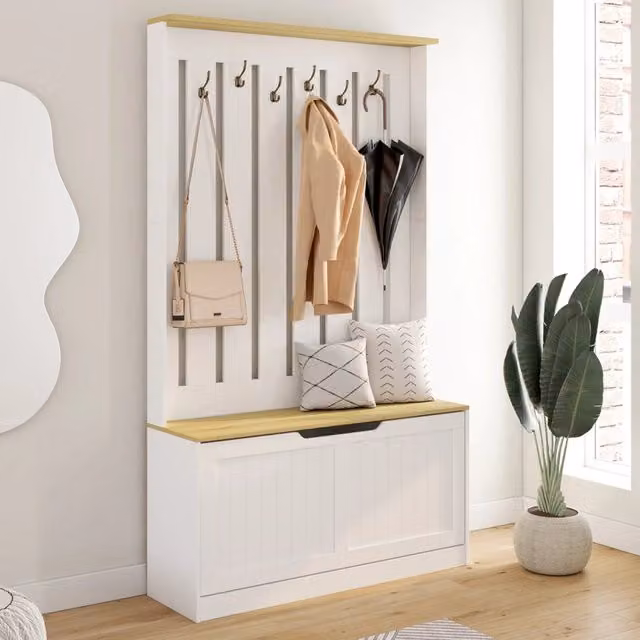IDMarket Guardaroba da ingresso LEON: mobile porta scarpe e appendiabiti con panca integrata e 6 ganci, bianco e marrone, L/P/H: 170 x 30 x 170 cm
