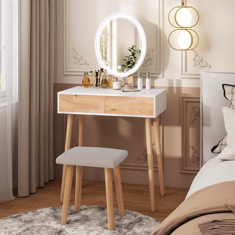 Tavolino da toilette con illuminazione a LED, sedia, specchio, 2 cassetti, luminosità regolabile