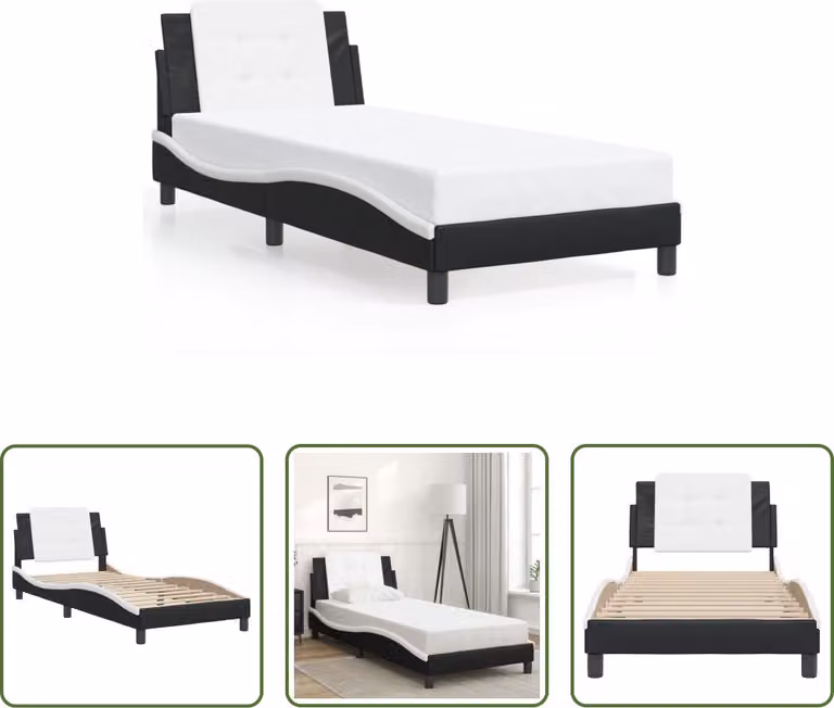 The Living Store Struttura letto con testiera bianca e nera 100x200 cm in ecopelle