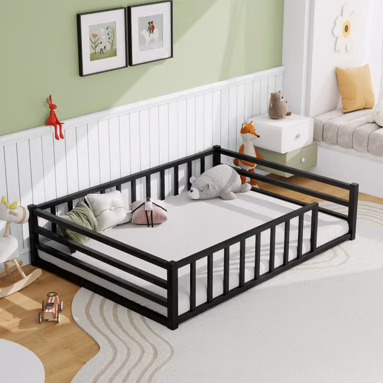 Struttura letto 120x200 cm con protezione anticaduta e rete a doghe, colore nero