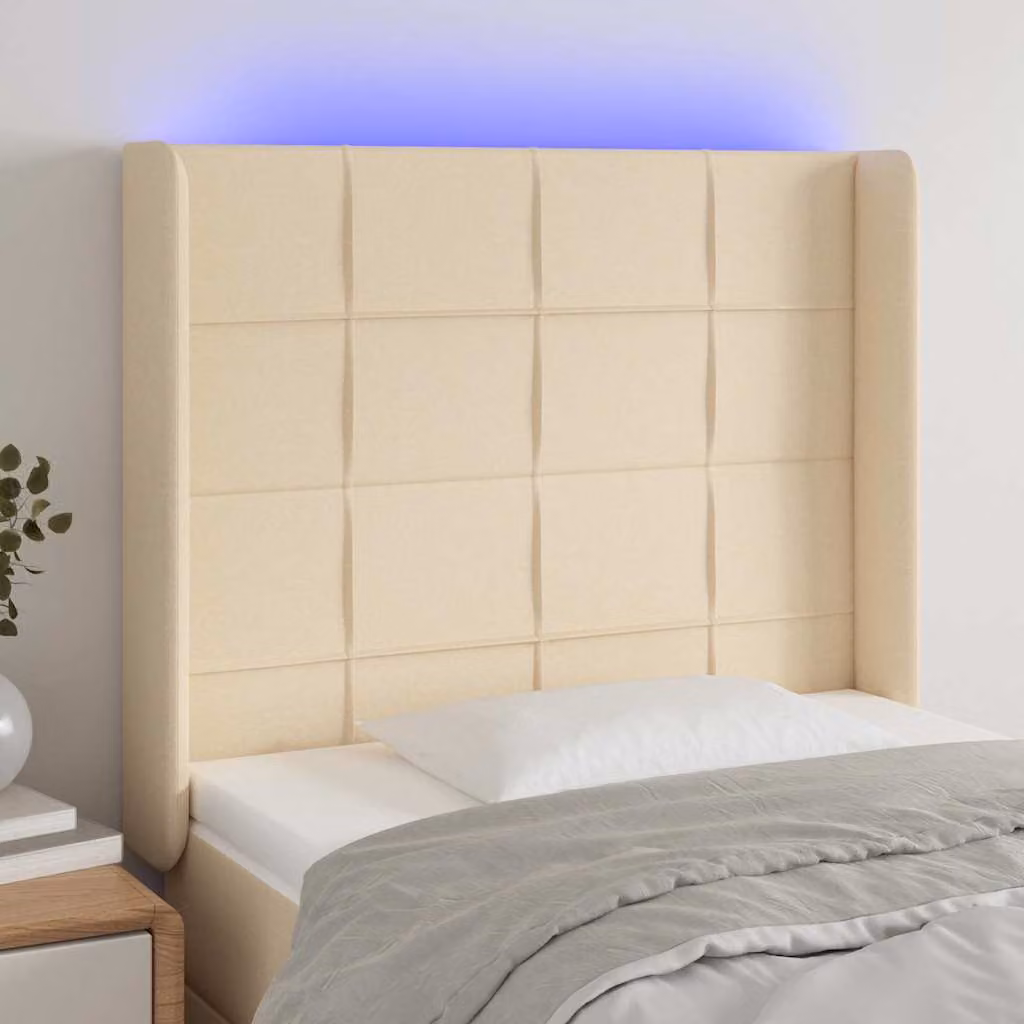 Testiera con LED vidaXL in tessuto beige con porta USB e luci integrate L: 103 cm, P: 16 cm, H: 118-128 cm