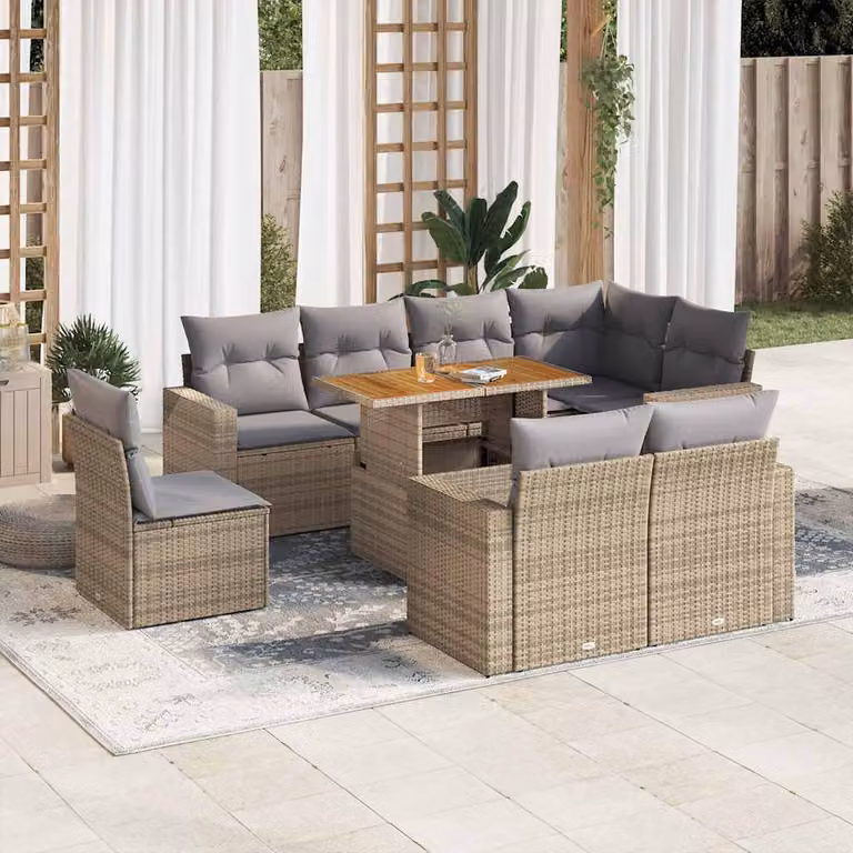 Set Divano da Giardino vidaXL 9 pz a L con Tavolino, Polyrattan e Cuscini Beige e Grigio