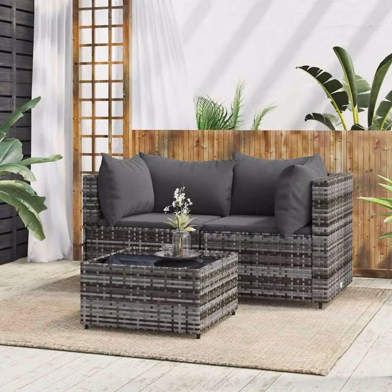 Set da giardino moderno vidaXL composto da divano a 3 posti, elemento angolare e tavolino da caffè in rattan antracite con cuscini inclusi