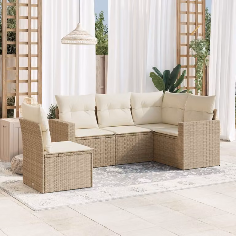 vidaXL Set Divano da Giardino a L 5 pz con Cuscini Beige in Polyrattan e Acciaio