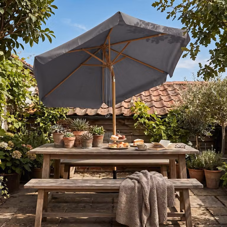 Ombrellone da balcone Sekey, 200 cm di diametro, effetto legno, pieghevole, robusto, protezione UV 50+, ombrellone per terrazza e cortile, grigio