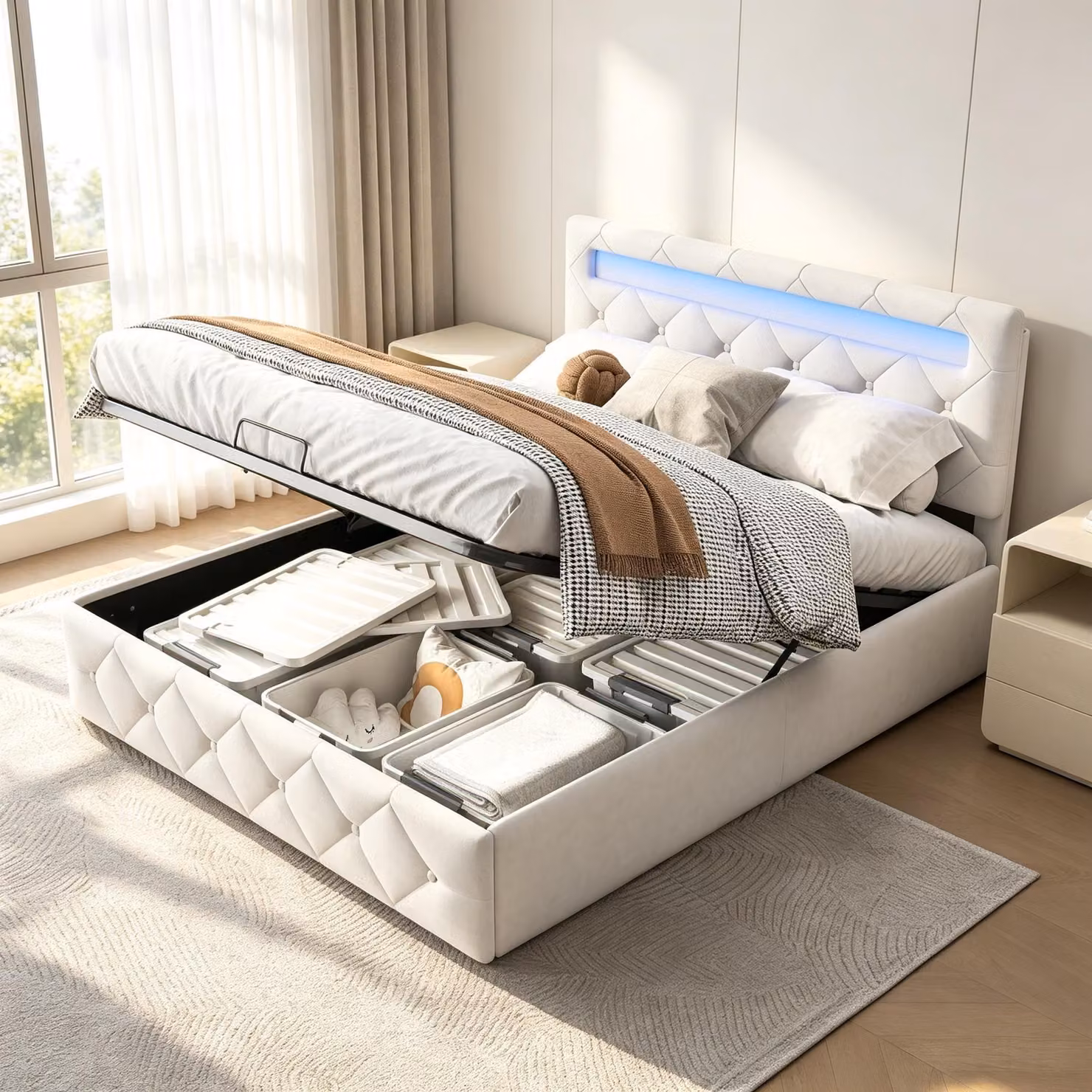 Letto matrimoniale con boxspring INONEFT, 140x200 cm, con illuminazione LED, rete a molle, testiera regolabile in altezza, imbottito, contenitore, tessuto velluto, colore pesca