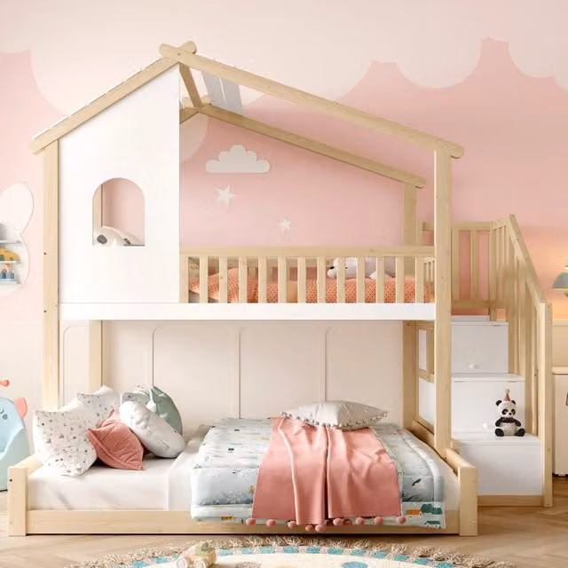 Letto a castello per bambini a casetta con finestre; 90x200 cm + 140x200 cm; scala contenitore in pino; naturale e bianco