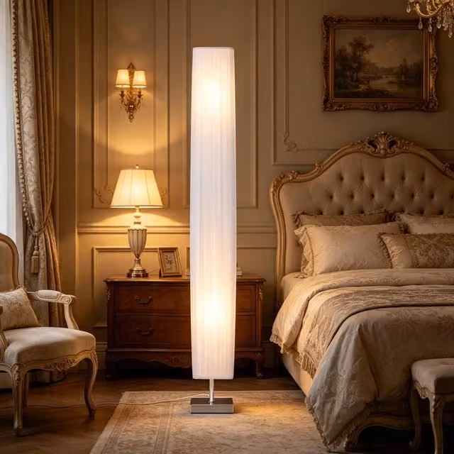 Elegante lampada da terra a colonna di design in metallo bianco per soggiorno e camera da letto, Altezza: 120 cm, Diametro: 40 cm
