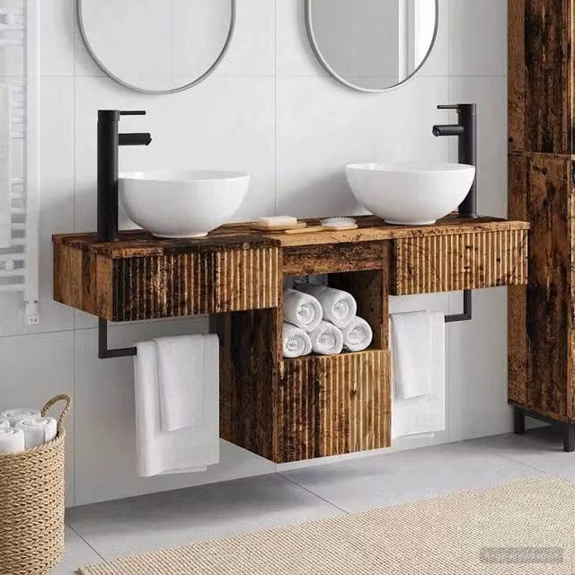Set di mobili per il bagno moderno vidaXL in 3 pezzi color marrone con vanità e pensile a parete in legno e MDF