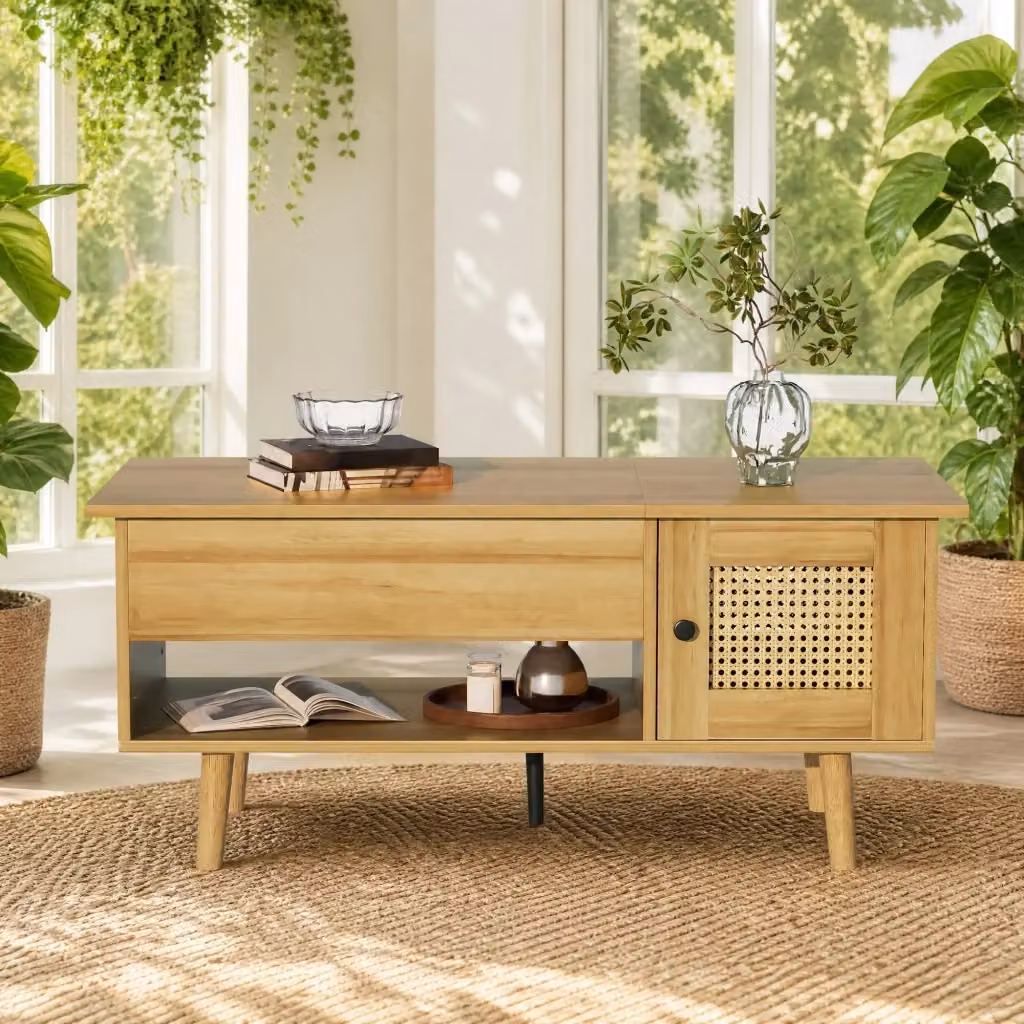 Tavolino da salotto MODFU con piano sollevabile e vano contenitore, design moderno in legno e nero, L: 103 cm, P: 50 cm – 2