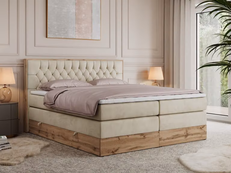 Letto continentale Boxspring AMORE KING con contenitore - 140x200 cm - Materasso H4 - Beige Velluto - Topper T25