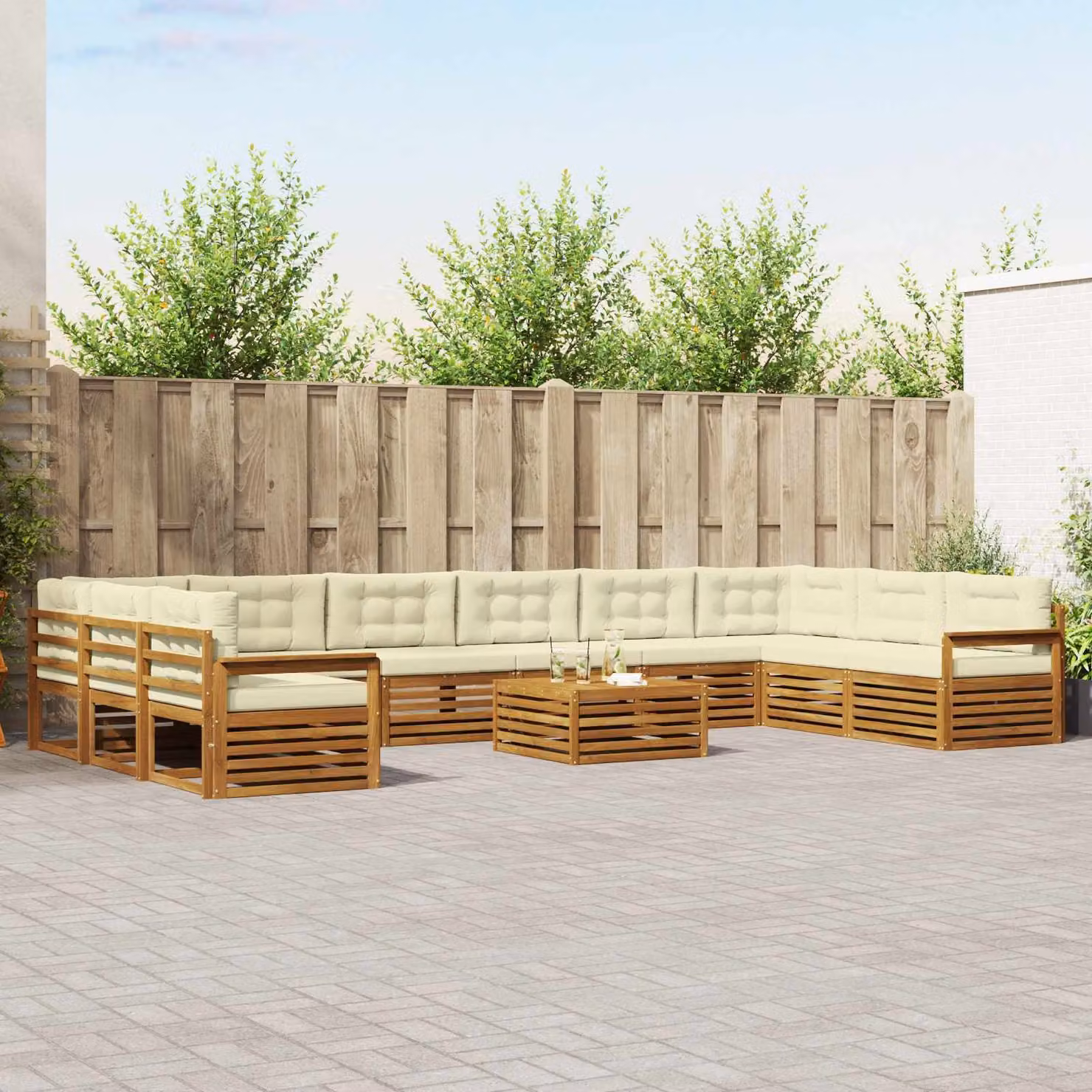 Set di divani da giardino vidaXL in 11 pezzi in legno di acacia massello, colore naturale e crema