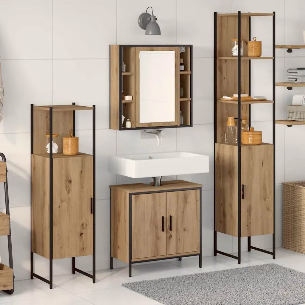 Set di mobili da bagno moderno vidaXL composto da 4 pezzi in legno marrone e nero con armadietto a specchio, mobile lavabo, colonna alta e mobile laterale sospeso