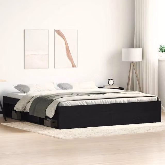 Giroletto vidaXL in legno e MDF nero con doghe piatte e scomparti laterali L/P/H: 203 x 200 x 35 cm – 1