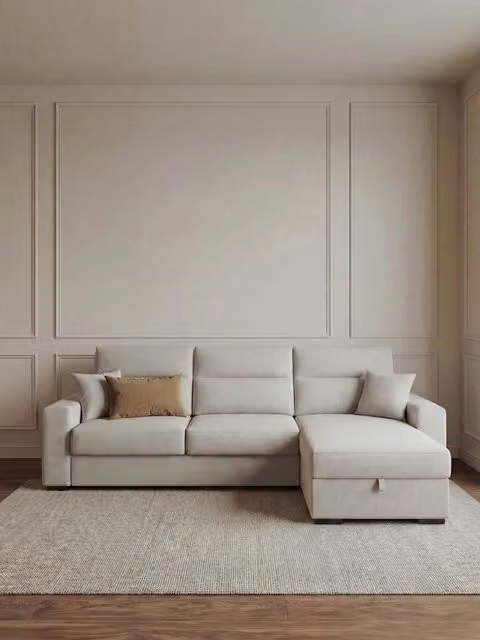 Divano letto Juls Kenay Home a 4 posti con chaise longue, vano contenitore e rivestimento reversibile in tessuto color perla/beige
