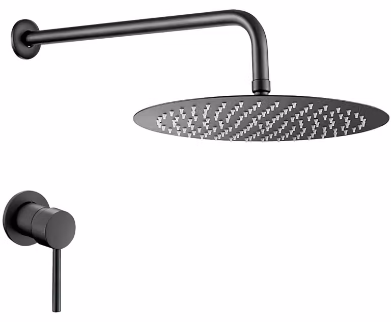 Doccia a incasso, modello a pioggia, con un getto, in ottone, finitura nera opaca, diametro 20 cm, forma circolare
