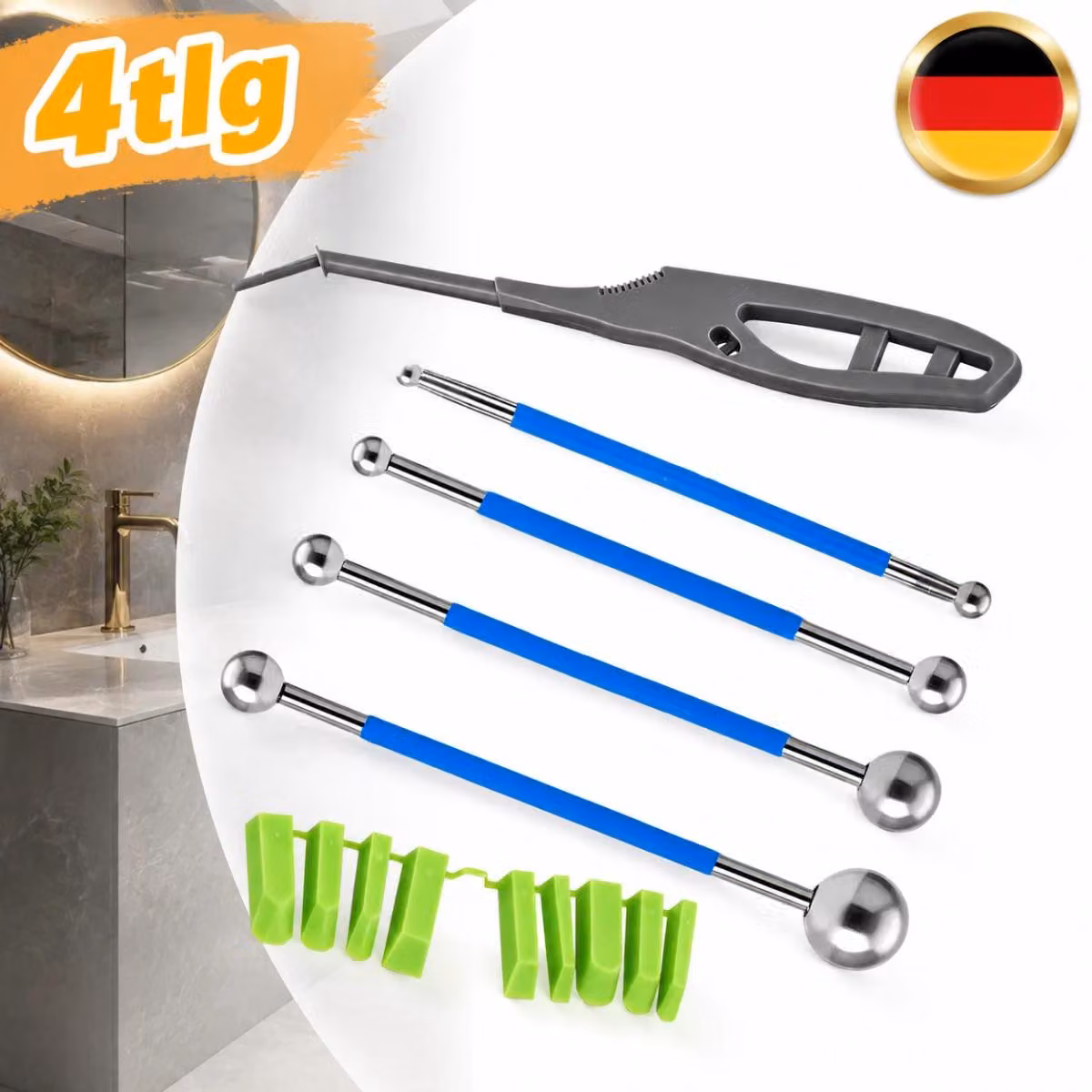 Set di utensili in silicone 9-in-1, composto da 4 pezzi, inclusi spatole per sigillante e una sfera metallica, ideali per il bagno