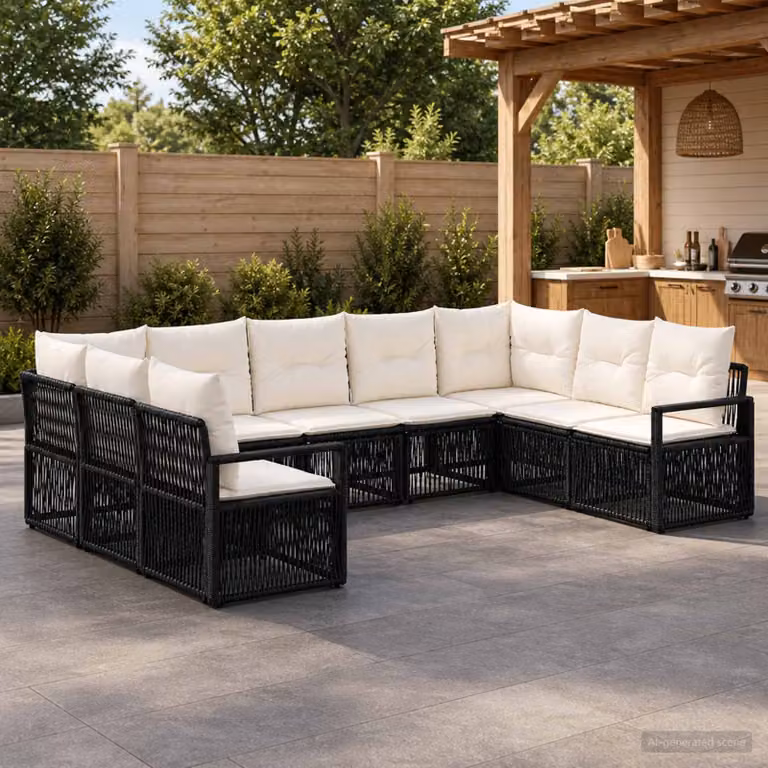 Set Divano da Giardino vidaXL 9 pz Moderno a Forma di U con Cuscini Imbottiti Nero e Bianco