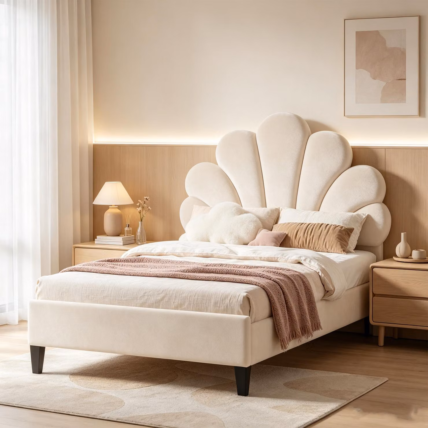 Letto per bambini INONEFT, 90x200 cm, con testiera a forma di fiore, struttura imbottita con rete a doghe, letto a forma di principessa, letto singolo, letto per bambine, letto per adolescenti, velluto, beige