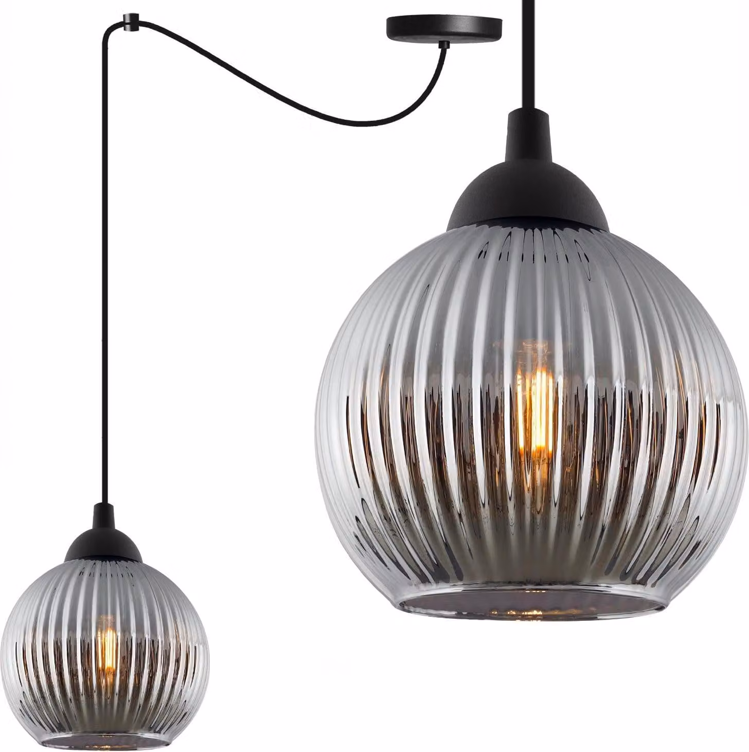 Lampada a sospensione RIFFLE a ragno, nera, a 1 luce, con sfera in vetro grigio, attacco E27