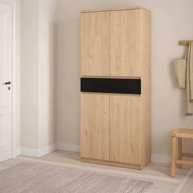 Scarpiera DMORA moderna con ante e cassetti, mobile porta scarpe per ingresso in legno e MDF, L/P/H: 80 x 40 x 191,7 cm, Rovere e Nero