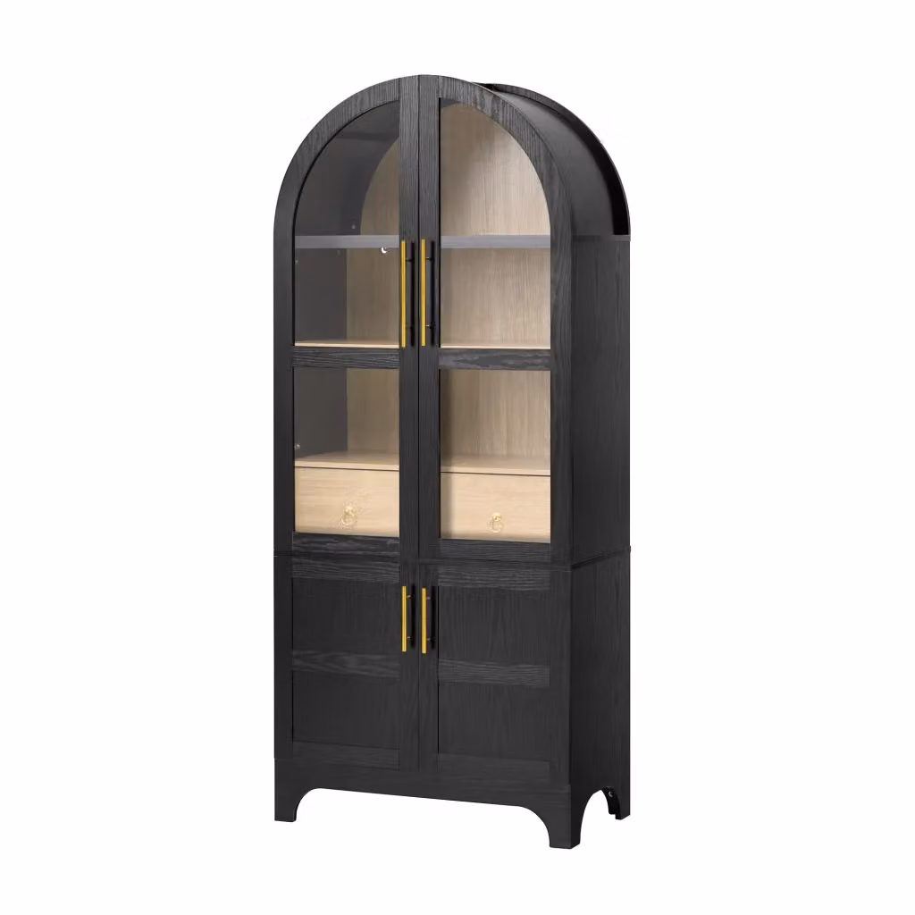 Credenza alta Chicfurn nera con ante in vetro e ripiani regolabili per cucina, soggiorno o sala da pranzo, L/P/H: 76 x 40 x 180 cm – 2