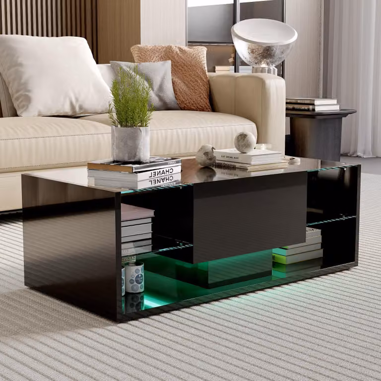 Tavolino nero con illuminazione a LED, spazio di archiviazione e ripiani aperti, 100 x 50 x 35 cm.