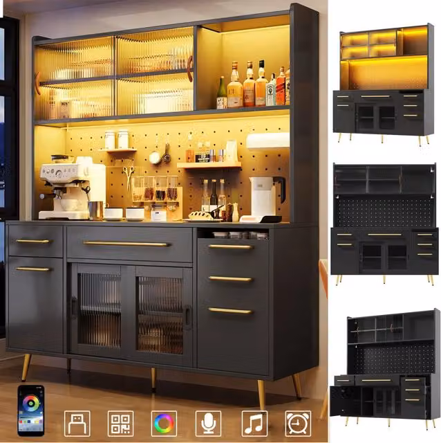 Sideboard moderno nero con illuminazione LED, credenza alta per cucina e soggiorno con pannello forato, cassetto e anta in vetro