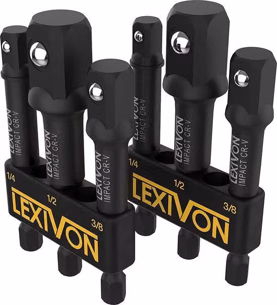 Set di 2 adattatori per avvitatore a percussione Unyqoos® LEXIVON, prolunga da 3" con supporto, composto da 3 pezzi: 1/4", 3/8" e 1/2" di attacco, in acciaio cromo-vanadio, con finitura nera fosfata (LX-101X2)